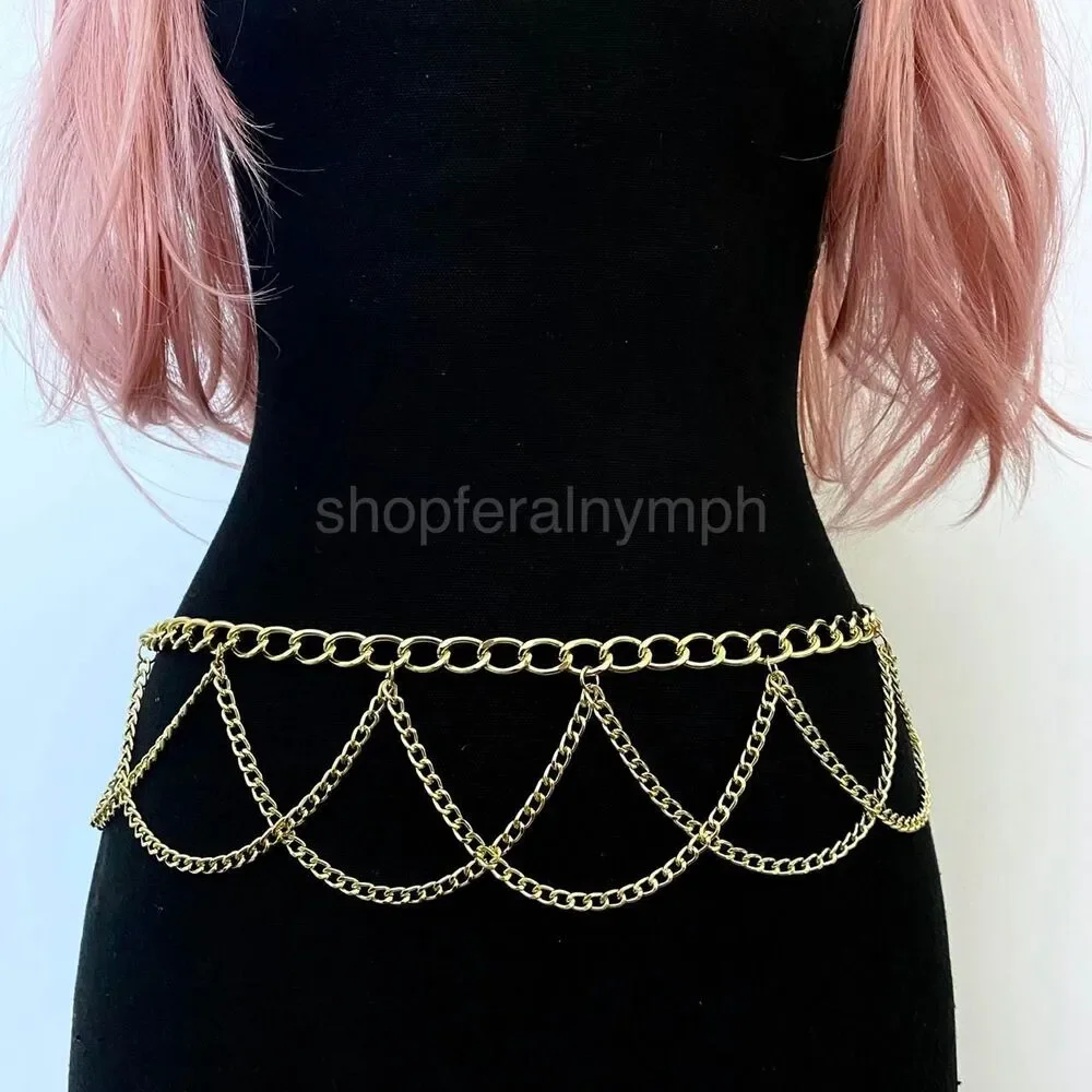 Gold Y2K Cascading Draped Layered Waist Chain Belt, Fits 21-41 Inches, X7GA1360
